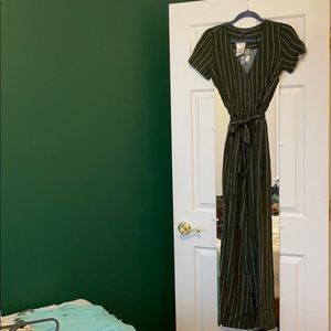 NWT Pinstripe olive green jumper/romper with belt